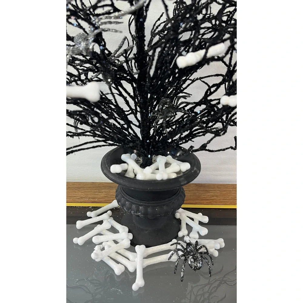 Black Glitter Halloween Spooky Twig Tree Spiders Bones Centerpiece 24